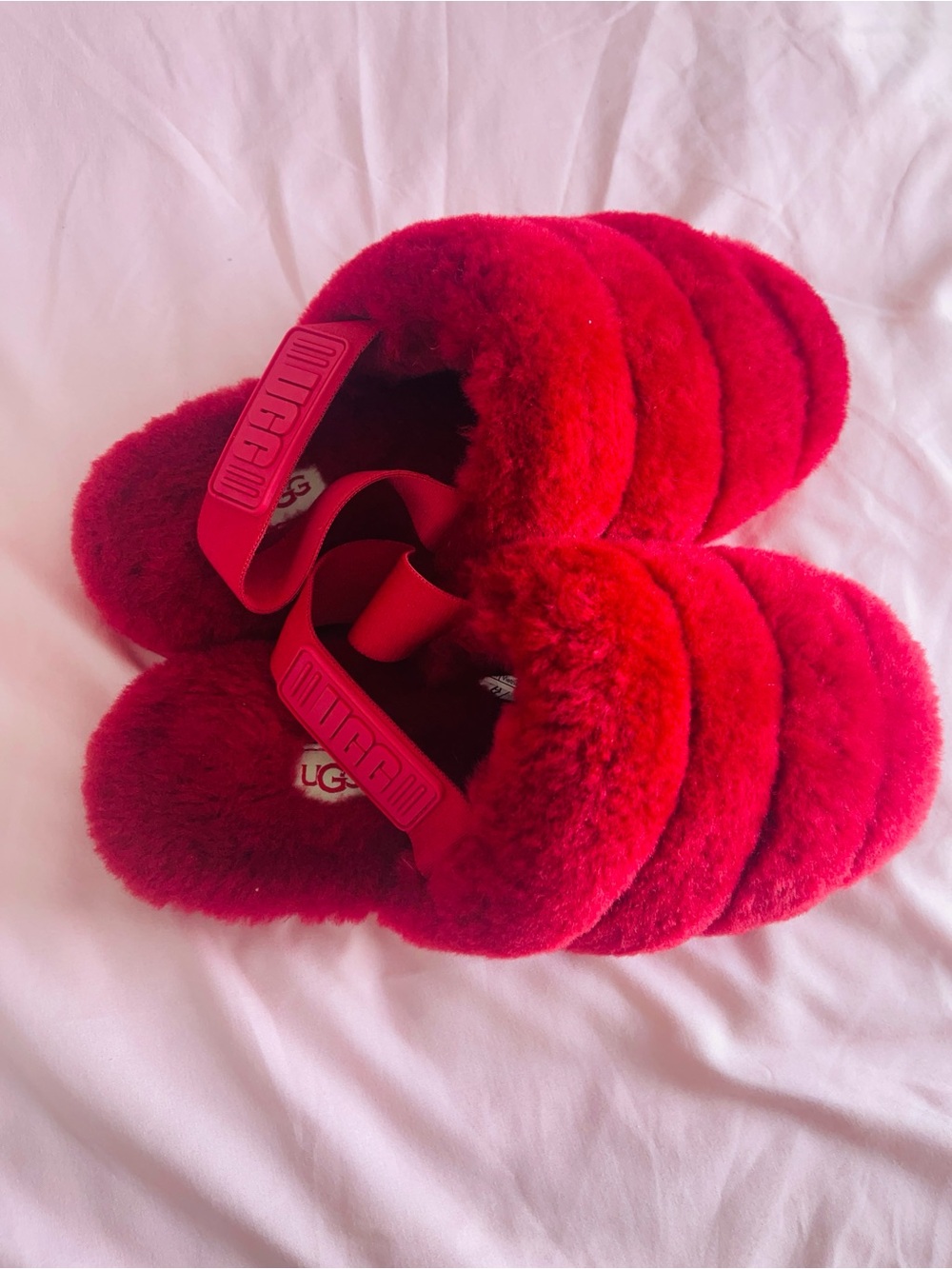 🔥UGG Red Plush Fluff Slide Sandals with Elastic Strap AUTHENTIC ‼️